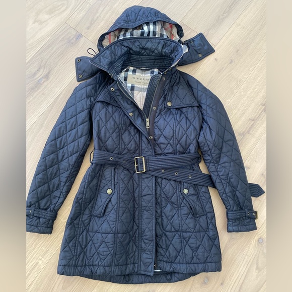 Auth. Burberry Brit Finsbridge Black Hooded Quilted Long Jacket Size Medium